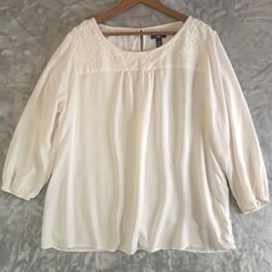 GAP Ivory White Embroidered Yoke Boho Blouse Top XXL Plus Size 3/4 Sleeve Crepe
